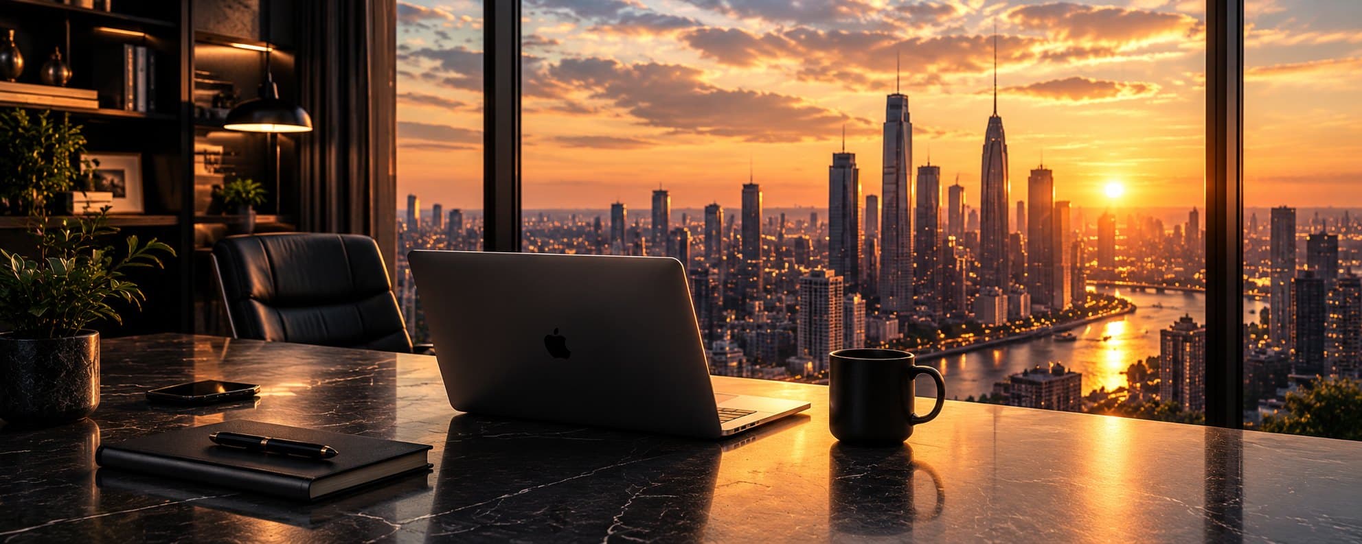 Office with a city view at sunset